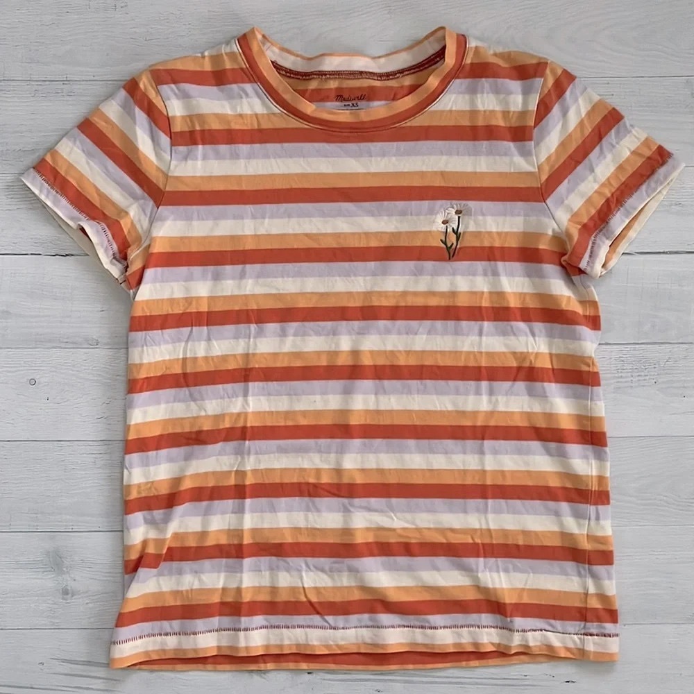Striped Short Sleeve Tee with Embroidered Flower - Orange & Cream